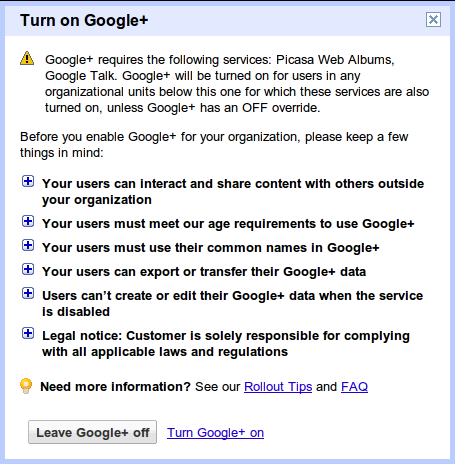 Google+ für Google Apps Hinweise bestätigen