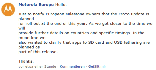 Motorola Europe Facebook Meldung