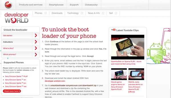 Sony Ericsson Bootloader Unlock Seite