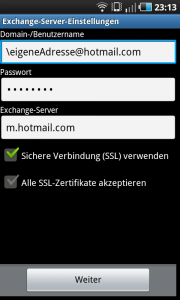 Hotmail Exchange ActiveSync Android Benutzer- und Serverkonfiguration
