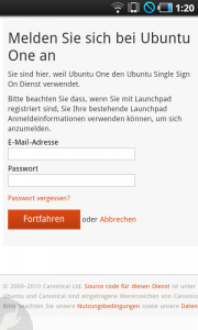 Ubuntu One Contacts für Android SSO Anmeldung