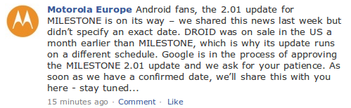 milestoneupdate Motorola Facebook Meldung