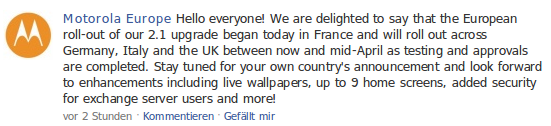 motofbnews Motorola Facebook Eintrag